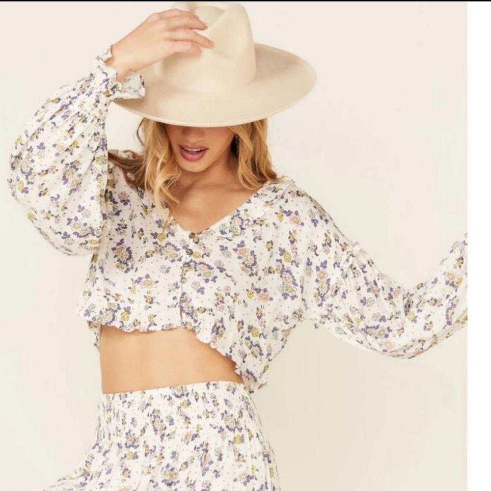 Free People Crop Top Secret Garden Floral Long Sleeved V-Neck Blouse